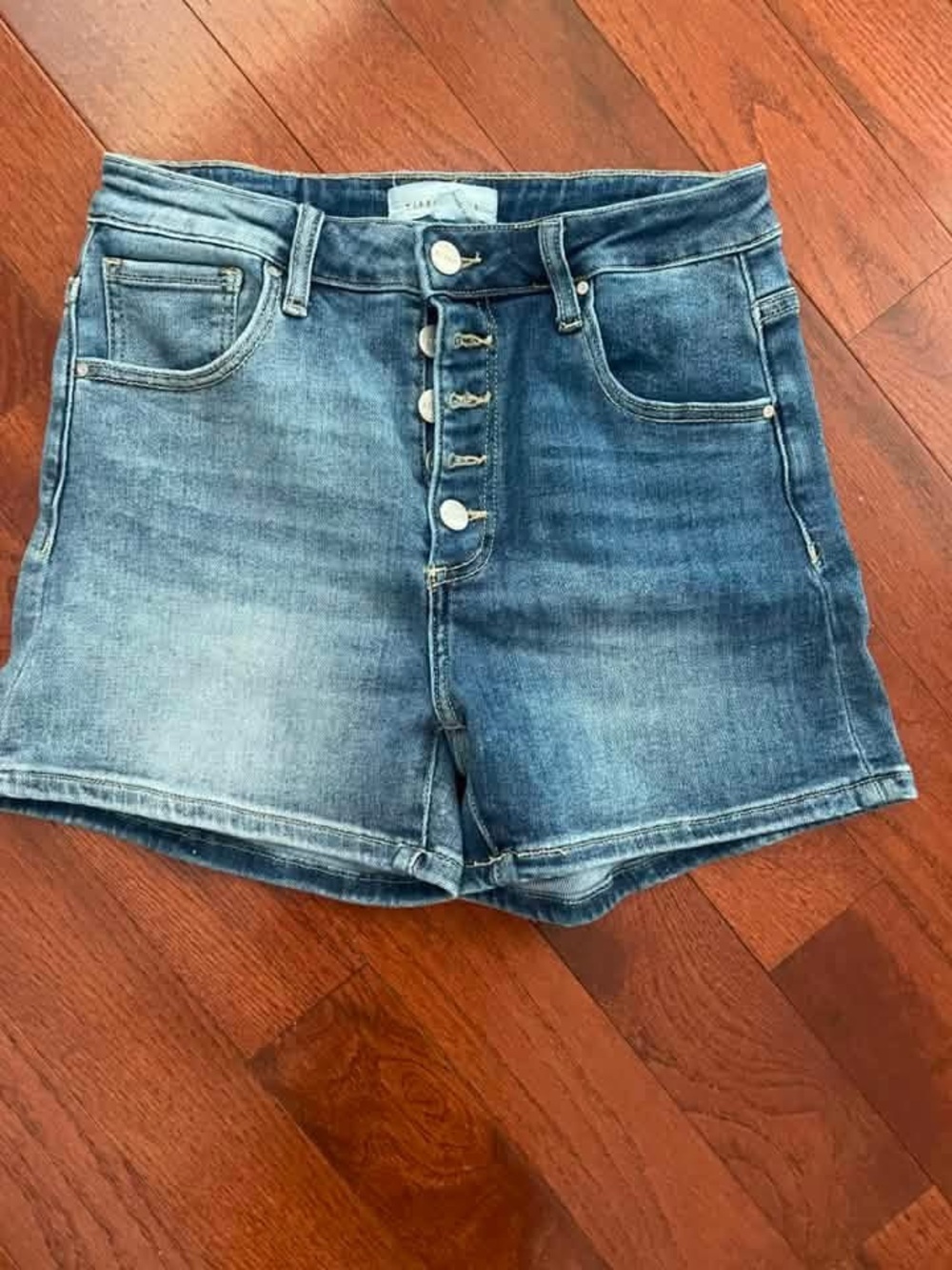 High-Rise Button-Fly Denim Shorts in Blue